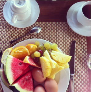 Delicious breakfast with local fruit from the buffet in Mauritius 